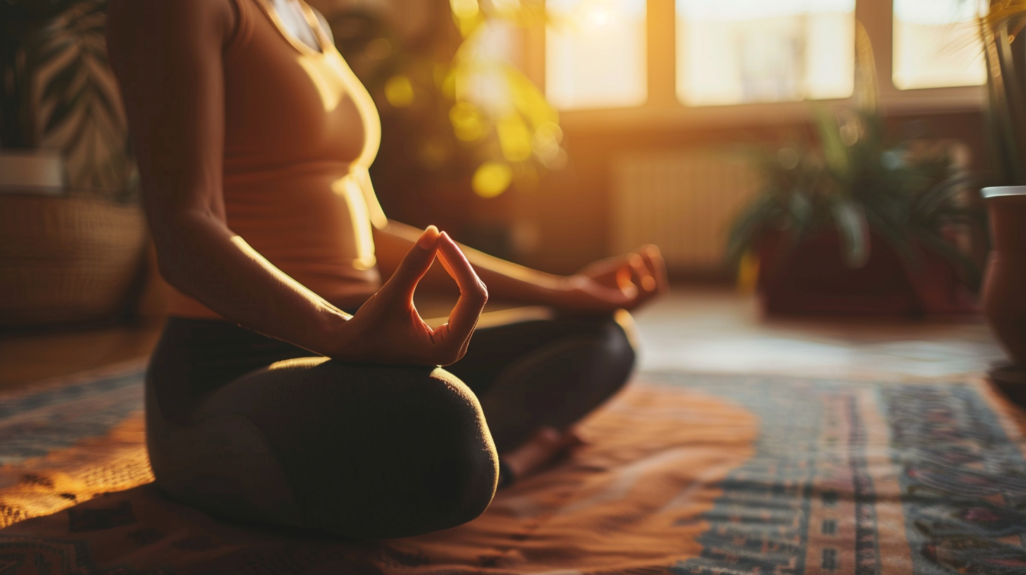 Чоловік середніх років займається йогою в спокійній обстановці